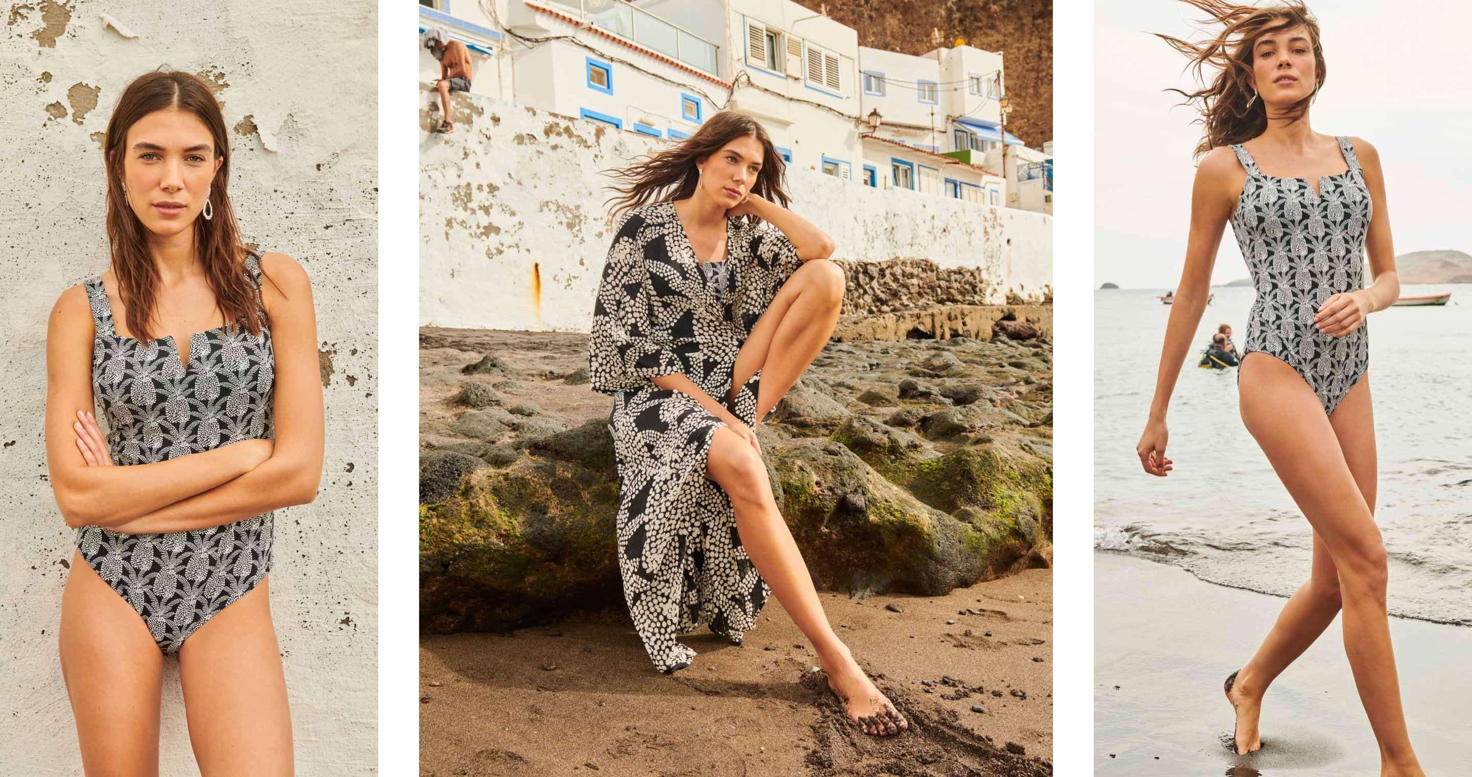 image of woman in patterned swimsuit and matching kimono